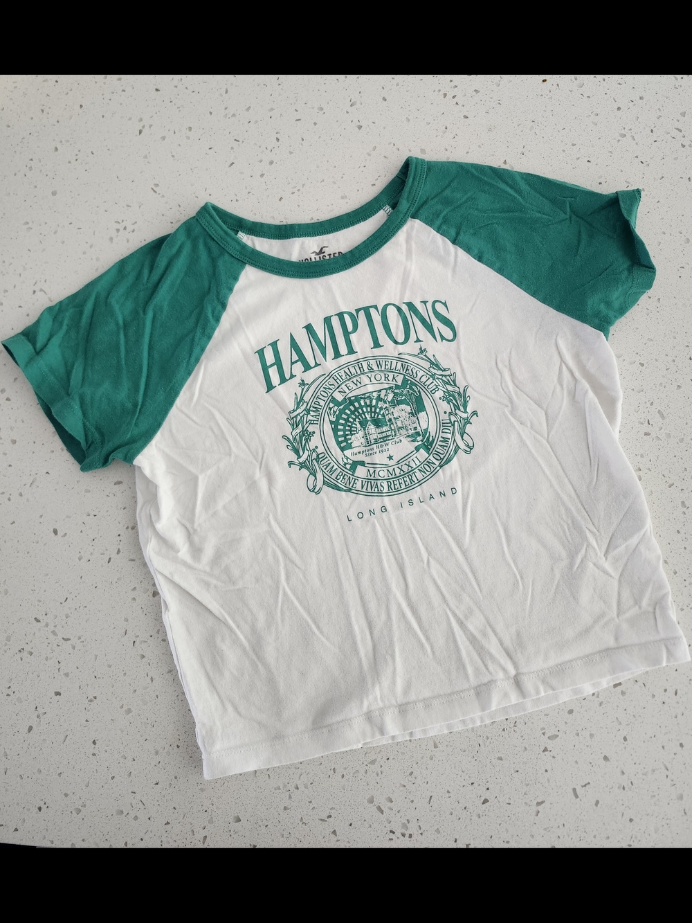 Hollister White Tee with Teal Raglan Sleeves & Hamptons Graphic